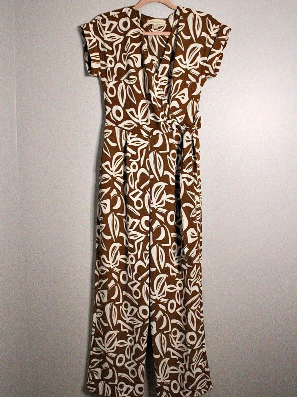 monteau los angeles Abstract Wide Leg Jumpsuit in Brown & White Like New